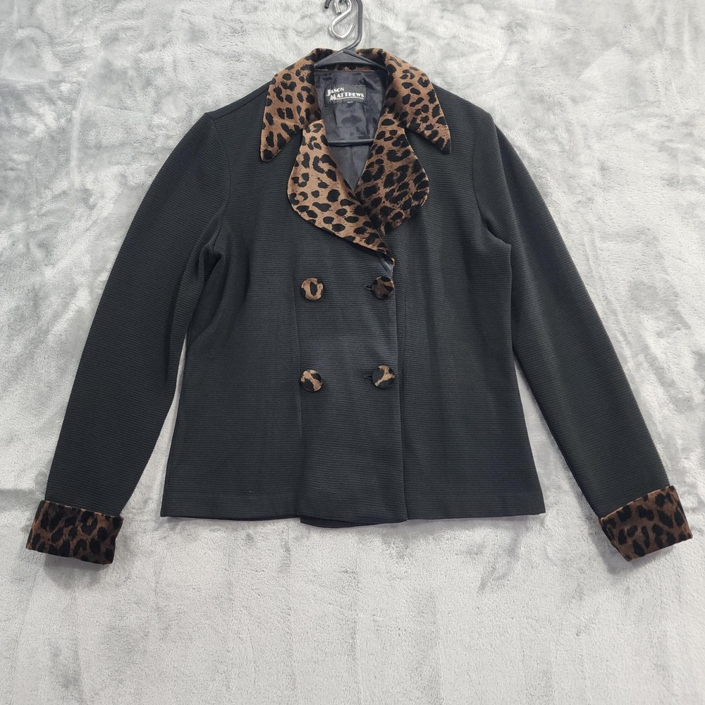 Vintage Jason Matthews Jacket Womens L Black Leopard Collar Double Breasted Knit